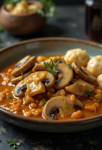 Paprikash de champignons à la crème servi avec persil frais et nokedli