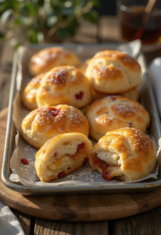 Brioche moelleuse fourrée à la confiture saupoudrée de sucre glace, servie sur un plateau.