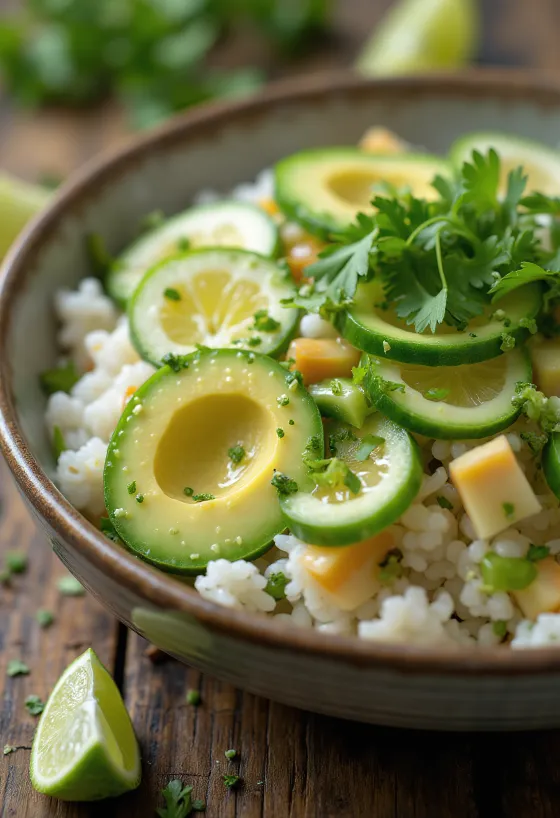 Poké au citron vert avec légumes frais sur lit de riz, garni de coriandre et de jus de citron vert.