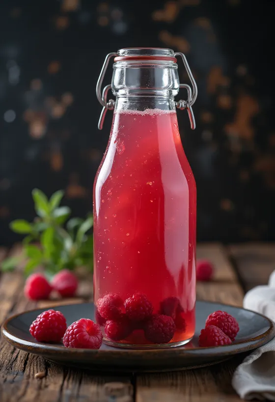 Kombucha probiotique à la framboise en bouteille, servi avec des morceaux de framboises fraîches