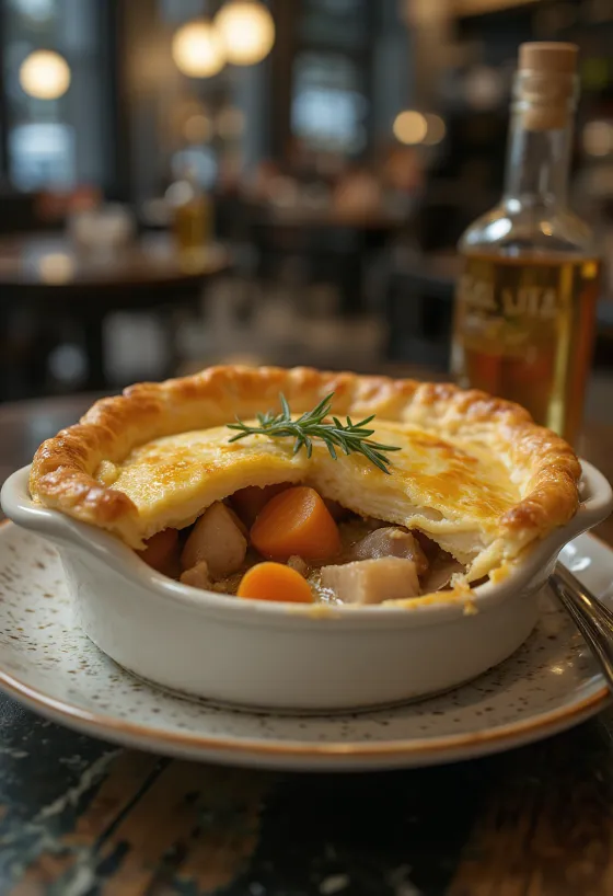 Tourte au lapin et légumes racines servie avec une salade fraîche.