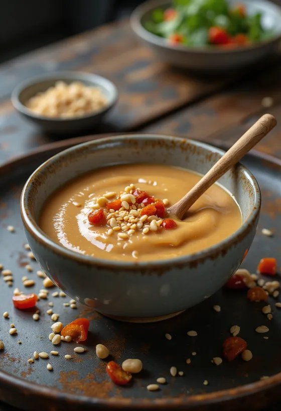 Sauce cacahuète sésame servie avec rouleaux de printemps