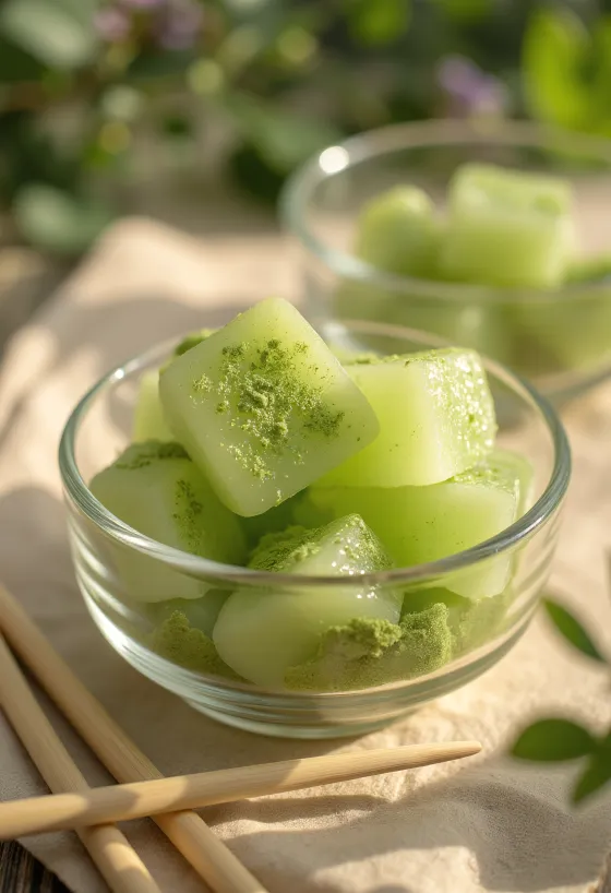 Cubes de Warabi mochi saupoudrés de poudre matcha, texture gélatineuse translucide, présentation élégante
