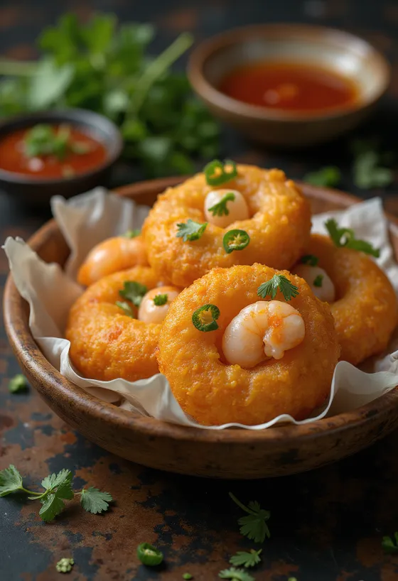 Akara aux crevettes, boules croustillantes servies