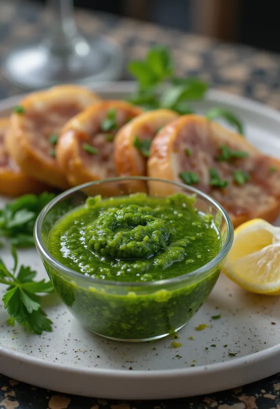 Sauce chimichurri servie avec viandes grillées