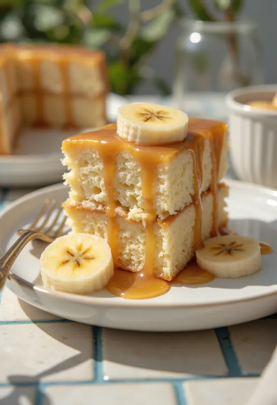 Gâteau banane-caramel servi