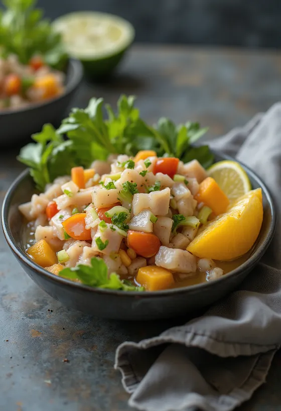 Ceviche Costarricense servi avec du jus de citron vert et de l'avocat