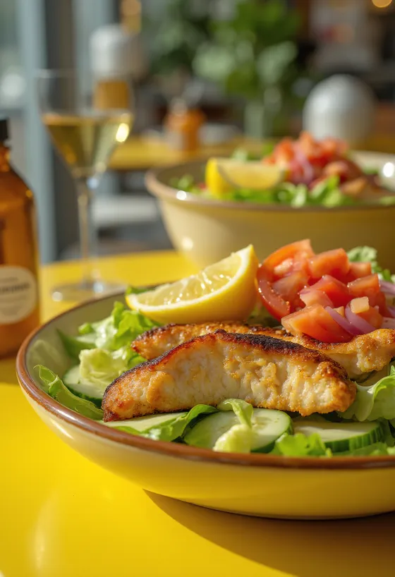 Salade de poulet fraîche aux légumes croquants et blanc de poulet grillé, vinaigrette balsamique.