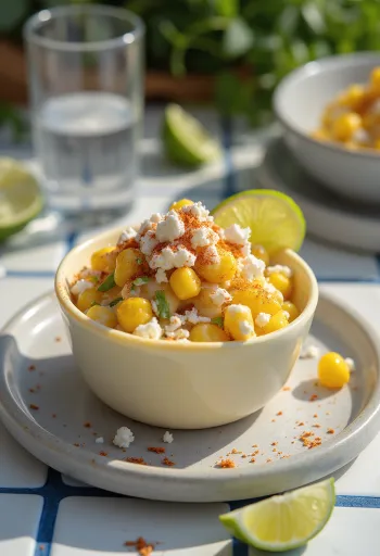 Esquites à la feta et coriandre servis avec une touche de citron vert frais