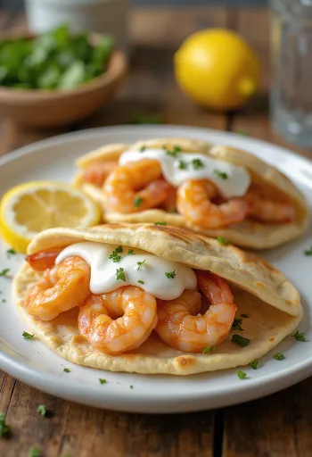 Pita aux crevettes avec légumes frais et sauce crémeuse