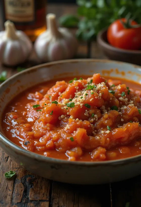 Sauce tomate à l'aneth et à l'ail servie