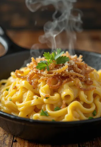 Käsespätzle, pâtes au fromage autrichiennes avec jambon fumé et oignon frit