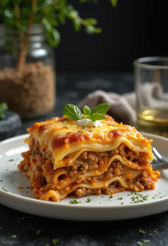 Lasagnes italiennes étagées avec de la viande hachée juteuse à la tomate et une béchamel crémeuse