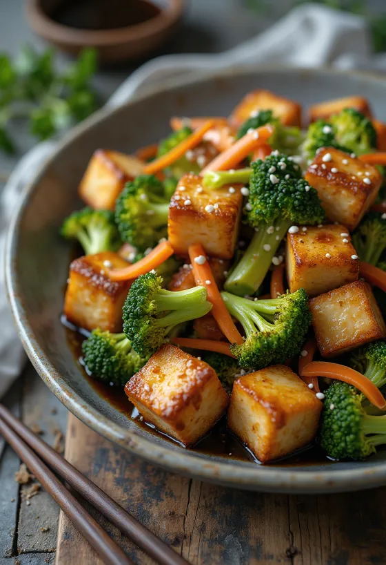 Tofu poêlé et salade de brocoli servis