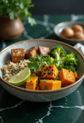 Buddha bowl au tofu et légumes servi avec de la coriandre