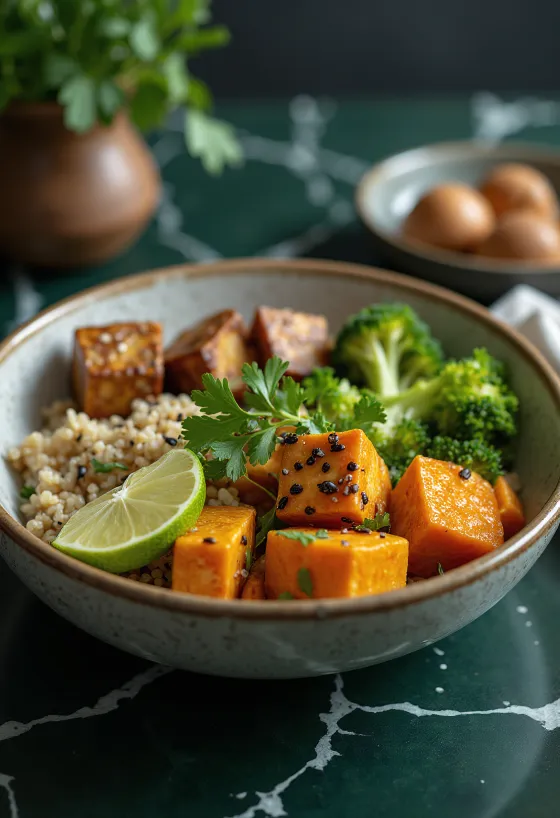 Buddha bowl au tofu et légumes servi avec de la coriandre