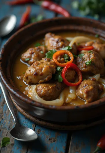 Adobo au lait de coco, plat riche et épicé servi avec du riz et de la coriandre