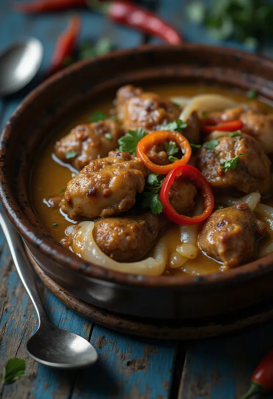 Adobo au lait de coco, plat riche et épicé servi avec du riz et de la coriandre