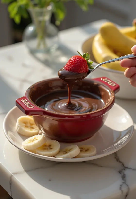Fondue au chocolat chaud servie avec des fruits et des morceaux de biscuit.
