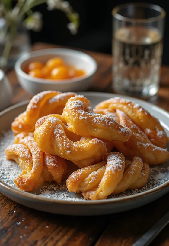 Merveilles hongroises saupoudrées de sucre glace, servies avec de la confiture