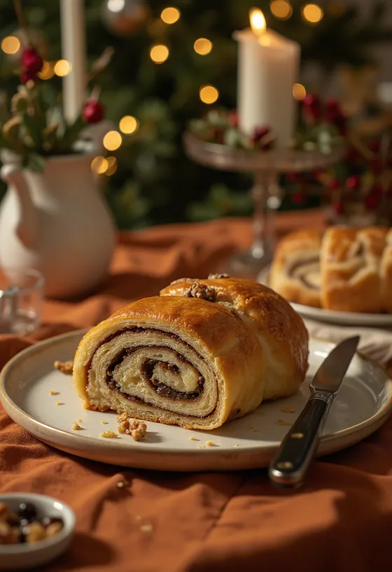 Tranches de Bejgli aux noix fraîchement cuites.