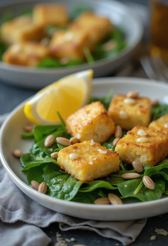 Tofu à l'ail et salade d'épinards servi avec des légumes frais et croquants