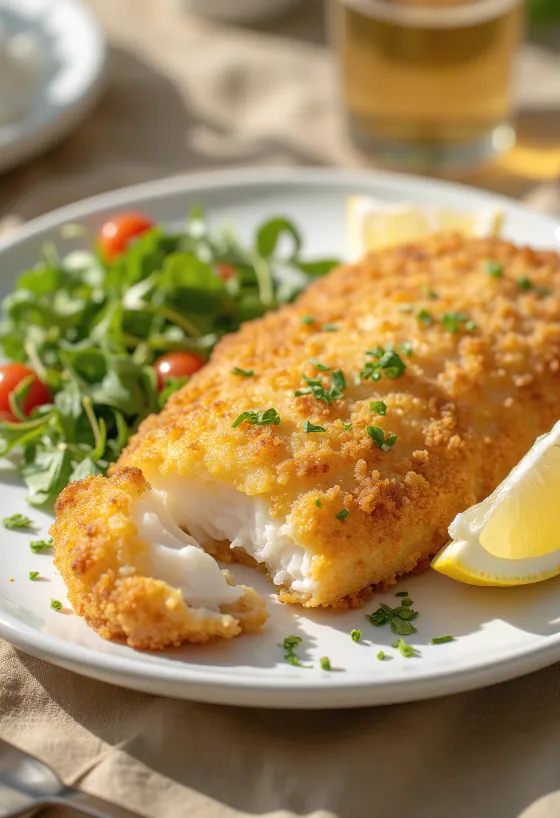 Filet de poisson pané croustillant frit doré, servi avec rondelles de citron fraîches et légumes.