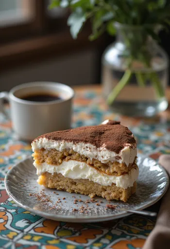 Gâteau tiramisu crémeux avec biscuits imbibés de café et crème mascarpone, saupoudré de cacao.