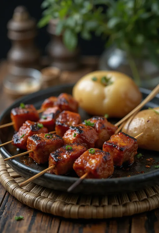 Anticuchos, brochettes servies avec légumes grillés
