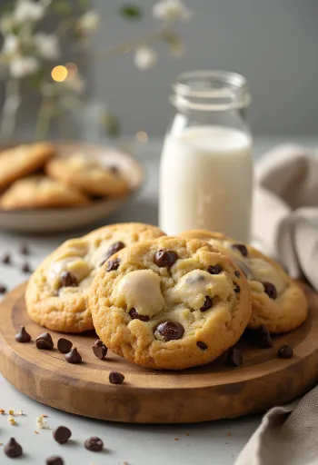 Cookies aux pépites de chocolat fraîchement sortis du four avec des bords croquants et un cœur moelleux