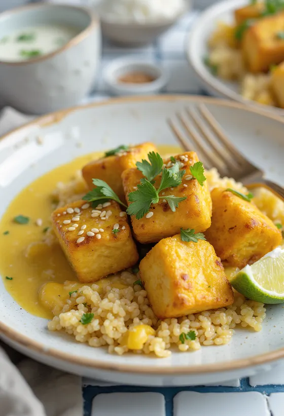 Tofu à l'ail et curry de quinoa