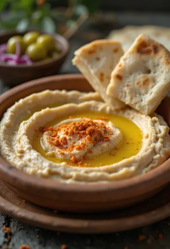 Houmous à la texture soyeuse, arrosé d'huile d'olive, servi avec du pain pita
