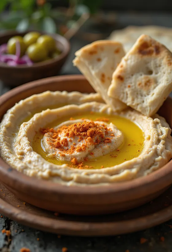 Houmous à la texture soyeuse, arrosé d'huile d'olive, servi avec du pain pita