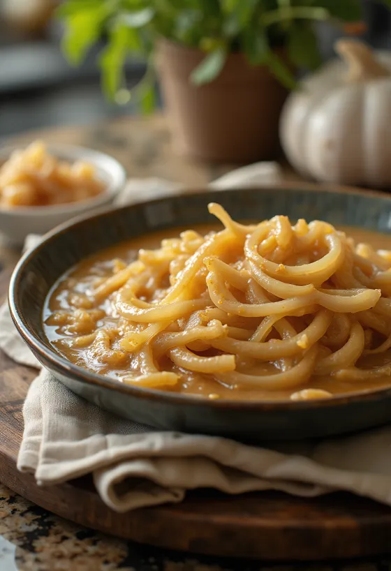 Sauce à l'ail et aux oignons caramélisés servie