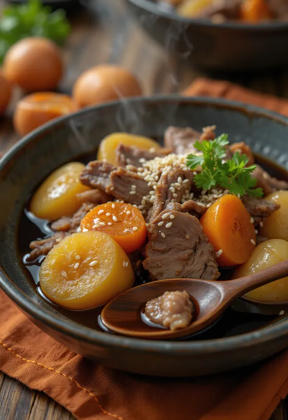 Niku Jaga servi avec sauce soja, oignons verts frais et graines de sésame