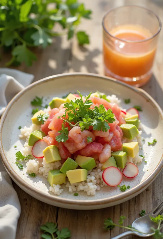 Poké aux pousses de radis avec légumes frais sur lit de riz, garni de coriandre et de jus de citron vert.