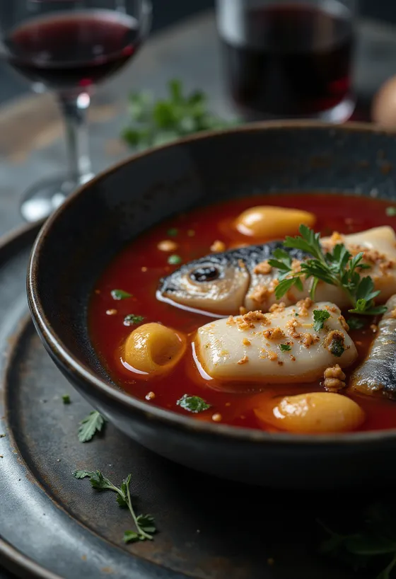 Psarosoupa au vin rouge, soupe de poisson riche servie avec huile d'olive fraîche et jus de citron