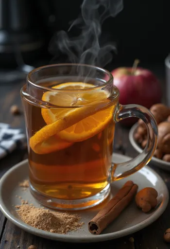 Cidre chaud aux épices et thé dans un mug, décoré de cannelle et tranche d'orange