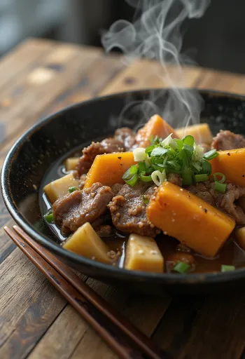 Nikujaga au tofu, bœuf, patate douce et oignon nouveau frais