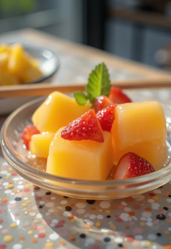Warabi Mochi servi avec du jus de fruits et des fruits frais