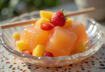 Warabi Mochi servi avec du jus de fruits et des fruits frais