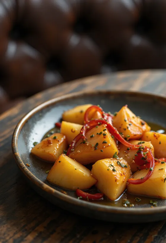 Alur dom au piment fort, servi avec du persil frais et de la pomme