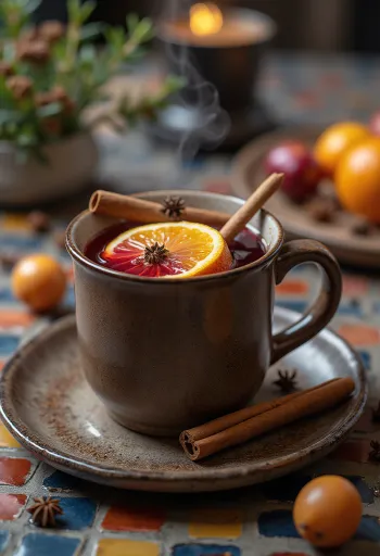 Vin chaud doux servi avec une tranche d'orange et de la cannelle