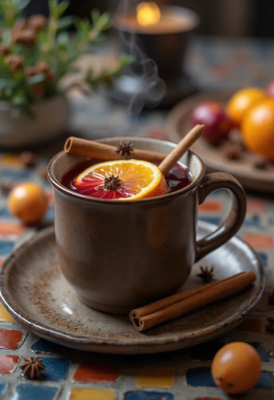 Vin chaud doux servi avec une tranche d'orange et de la cannelle