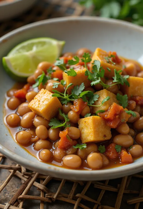 Feijoada au tempeh fumé servie avec citron vert et coriandre fraîche