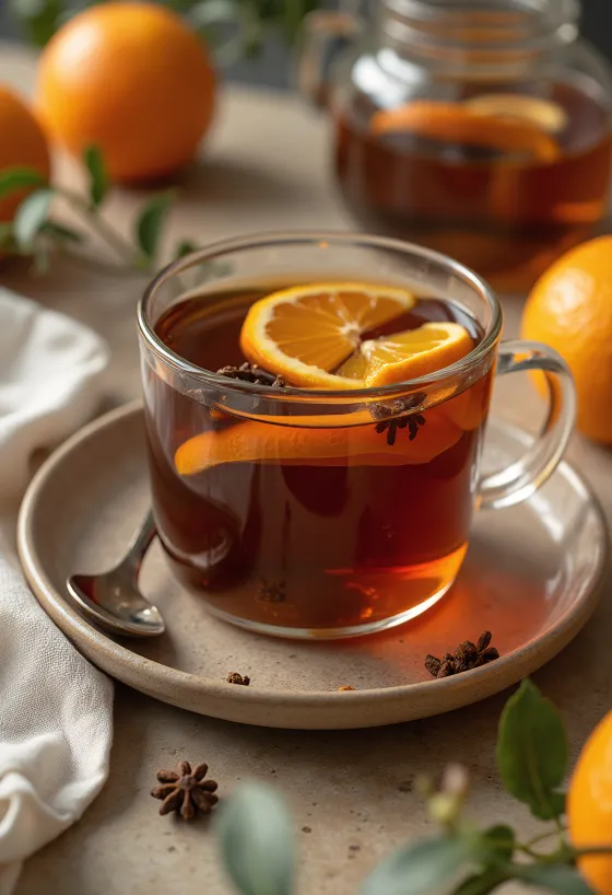 Thé à l'orange et aux épices servi dans un verre