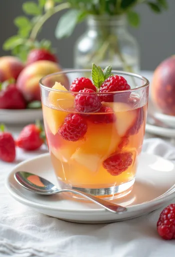 Gelée de fruits colorée avec des morceaux de fruits frais, servie transparente
