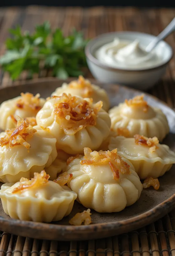 Pierogi aux pommes de terre servis avec crème et oignons frits