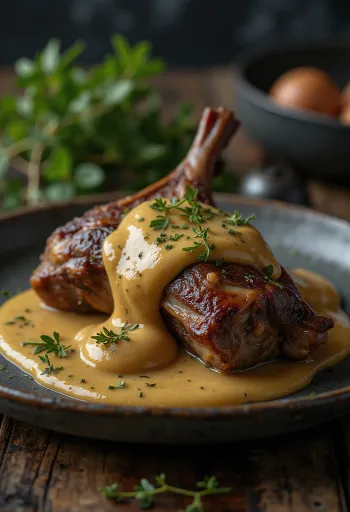 Lièvre rôti sauce moutarde servi élégamment.