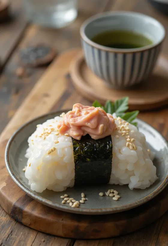 Onigiri thon-mayonnaise, forme triangulaire, saupoudré de graines de sésame, avec algue nori